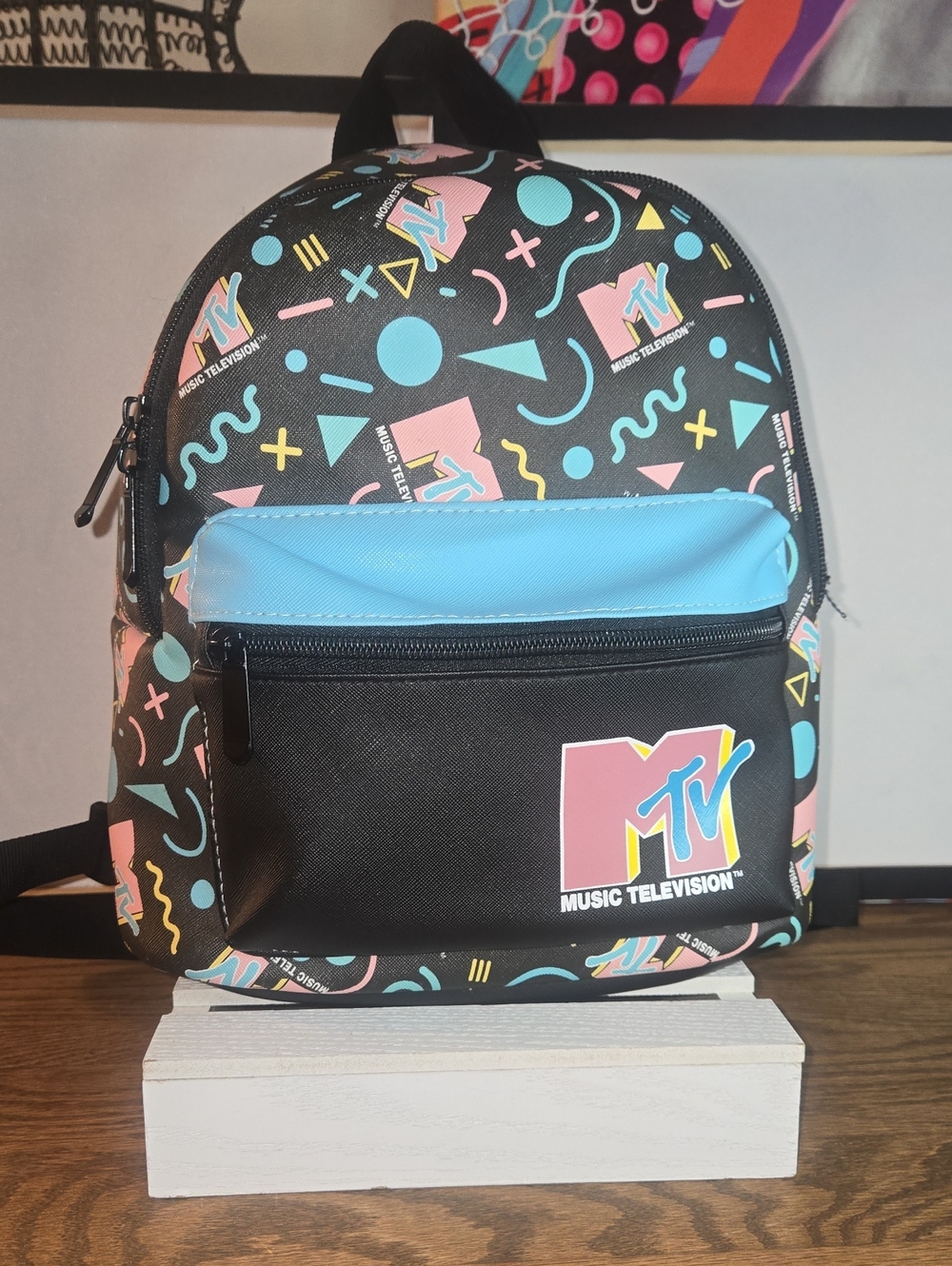 MTV Black Mini Backpack with Pastel Pink & Aqua Graphics